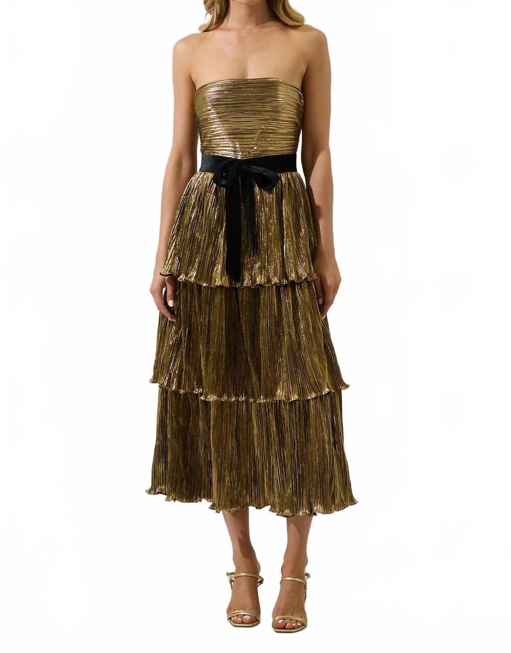 NEW SUGARLIPS katia metallic strapless tiered midi dress in gold